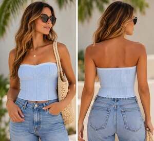 Aerie Ribbed Sweater Tube Top Women's S Eyelet Blue Strapless Sweetheart NWT